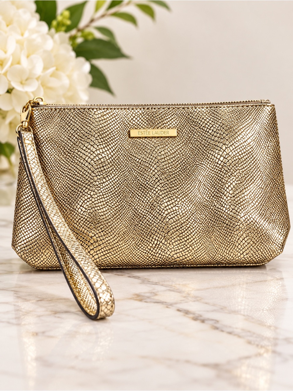 Estée Lauder Gold Metallic Wristlet Clutch Makeup Cosmetic Bag NEW
